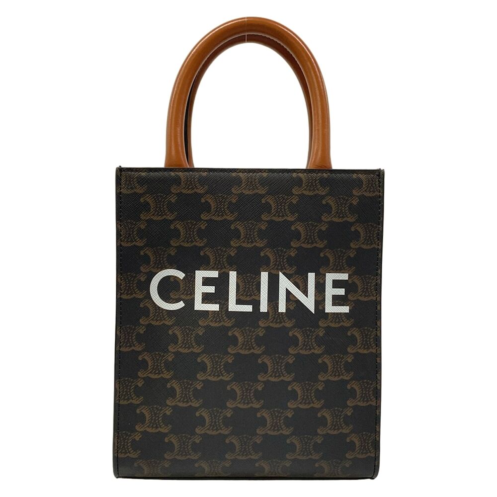 Celine Mini Vertical Cabas Tote Bag Tan (Dark Brown) Triomphe Canvas Calf Skin